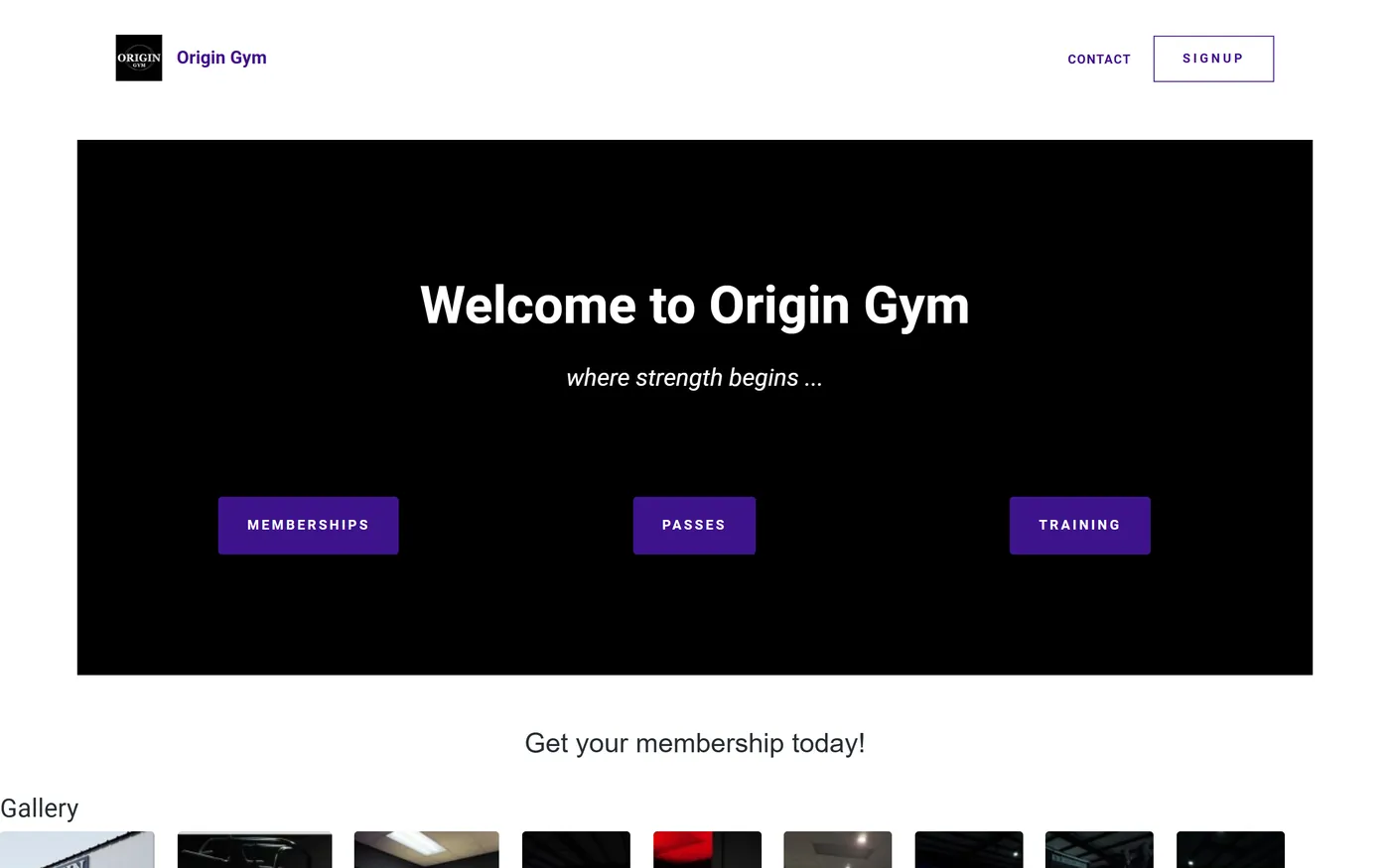 Origin Gym's old website on a desktop screen, a generic template with purple buttons above the fold.