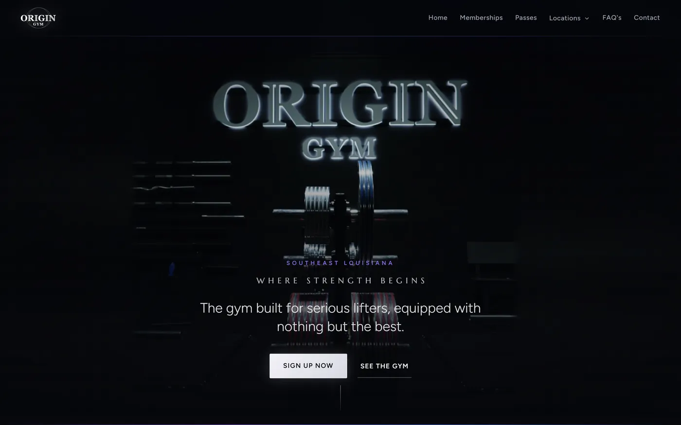 The rebuilt Origin Gym website on a desktop screen, a dark hero with the gym's lit sign and a join button.